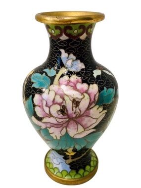 Chinese Vintage Cloisonné Black Pink Peony Floral Butterfly Enamel Brass Vase